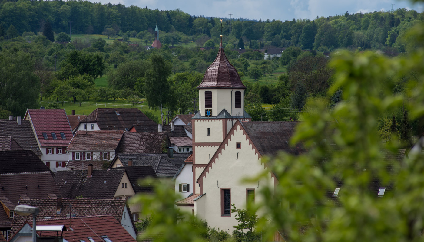 Blick über Birkenfeld in Baden-Württemberg mit Feldern und Wohnhäusern