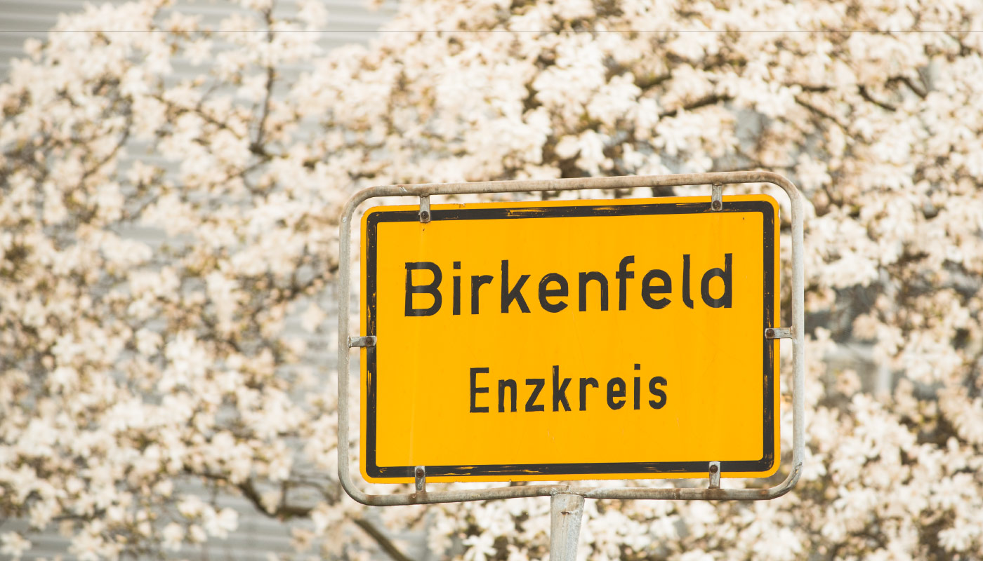 Ortsschild „Birkenfeld (Enzkreis)“ vor blühendem Frühlingsbaum