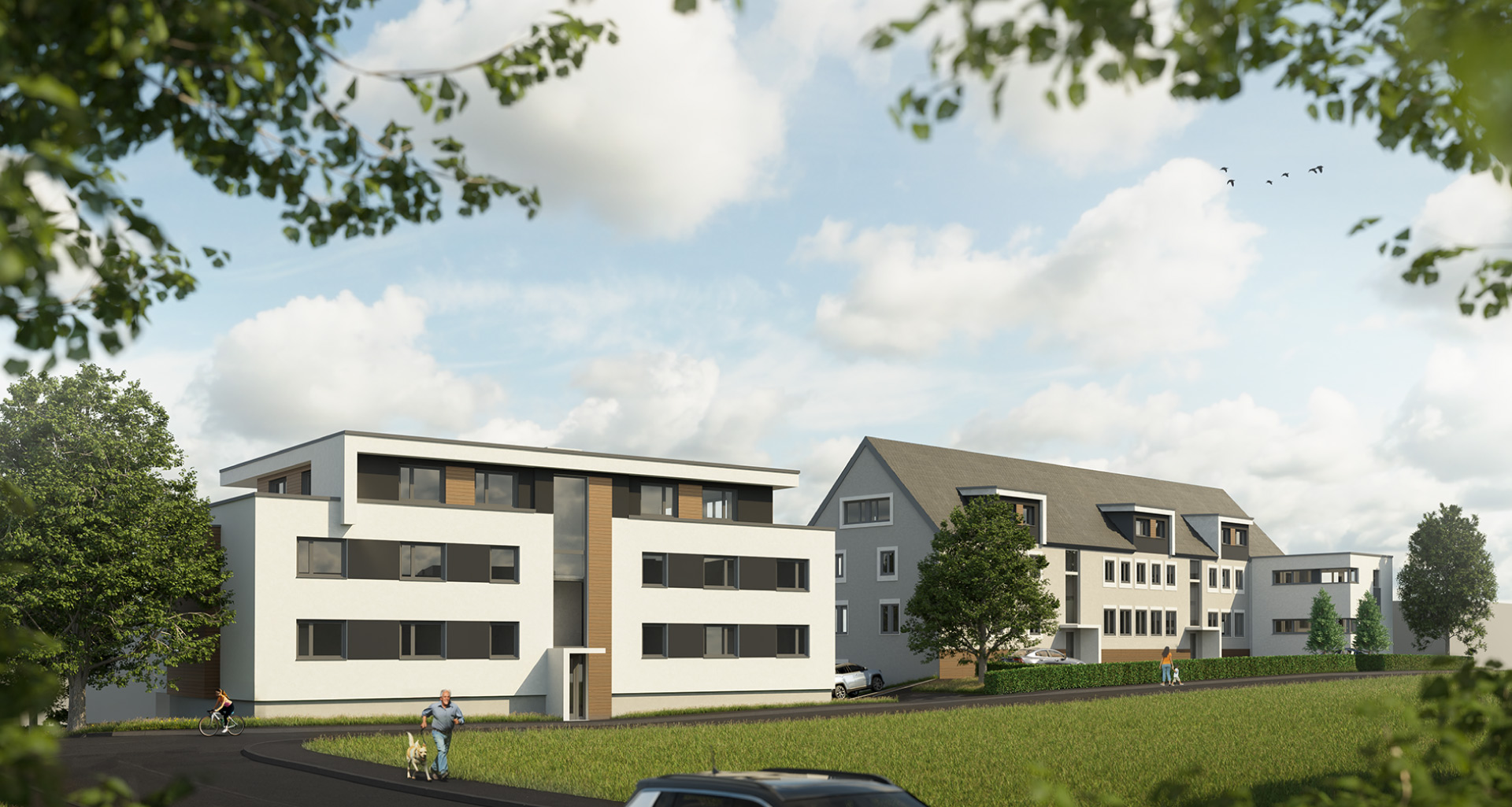 3D Illustration von zwei mehrstöckigen Wohngebäuden