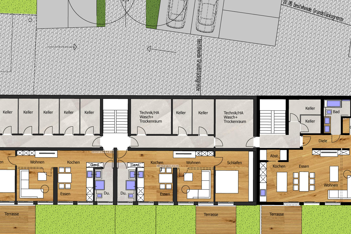 Grundriss eines Wohngebäudes mit mehreren Wohnungen und beschrifteten Räumen.